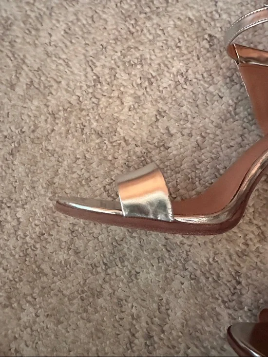 Coach Metallic Silver Leather Block Heel Sandals heel approximately 5” - Picture 4 of 12